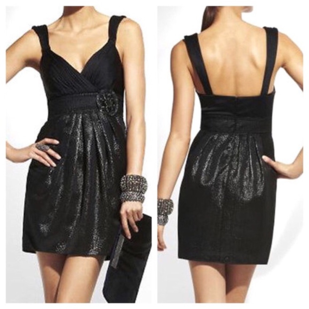 BCBGMaxAzria Black Satin Rosette Mini Dress Metallic Bubble Hem cocktail prom 0